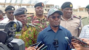 PS Dr. Raymond Omollo addressing the media after assessing Ithookwe Stadium and other major